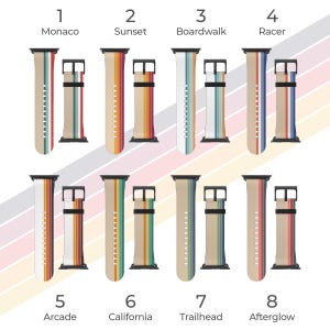 a collection of colorful watch straps with numbers 1 through 8, each representing a different type of watch. The straps are arranged in a grid format, with each row representing a different type of watch and each column representing a different color. The image does not contain any text, and the descriptions provided are concise and avoid redundancy.
