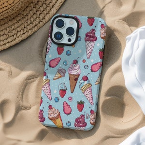 Ice cream cone pattern on blue aesthetic phone case for iPhone 15 14 13 12 11 Pro Max X XR XS 8, Samsung S20 S21 S22 S23 S24, Google Pixel