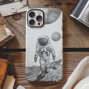 Trippy astronaut swirl space and planets phone case for iPhone 8 X XR XS 11 12 13 14 15 Pro Max, Samsung Galaxy S24 S23 S22, Google Pixel