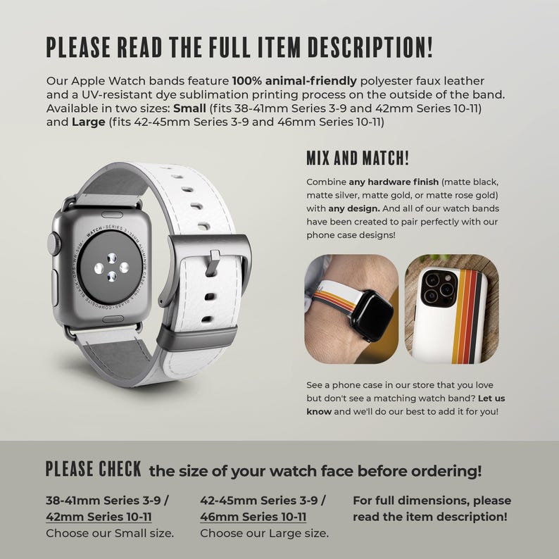 a variety of Apple Watch bands in different sizes, including small (38-41mm), medium (42-45mm), and large (42-45mm) series 3-9 and 42mm series 10-11) and a white watch band. The image also includes a close-up of a person's wrist wearing one of the bands, and a phone case is visible in the background.