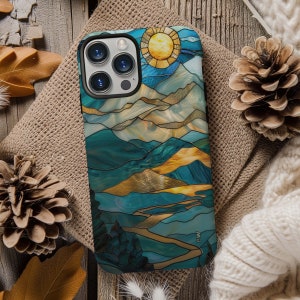 Mountain sunset stained glass mosaic phone case for iPhone 8 X XR XS 11 12 13 14 15 Pro Max, Samsung Galaxy S24 S23 S22, Google Pixel