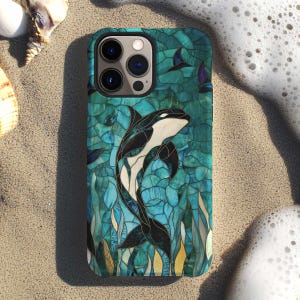 Majestic orca stained glass aesthetic whale phone case for iPhone 16 15 14 13 12 11 Pro Max X XR XS 8, Galaxy S25 S24 S23 S22, Google Pixel