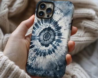 Blue and gray groovy hippie tie dye phone case cover for iPhone 15 14 13 12 11 Pro Max X XR XS 8, Samsung Galaxy S24 S23 S22, Google Pixel