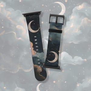 Stars and moons astral surreal celestial Apple Watch band Series 3 4 5 6 7 8 9 10 SE 38mm 40mm 41mm 42mm 44mm 45mm vegan faux leather strap