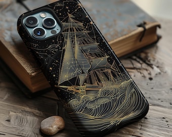 Moonlit sailing ship surreal art deco star phone case for iPhone 17 16 15 14 13 12 11 Pro Max X XR Samsung S26 S25 S24 S23 S22 Google Pixel