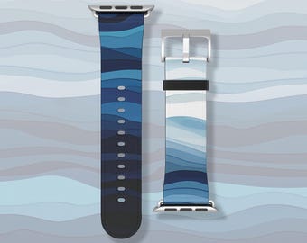 Blue ocean wave beachy summer aesthetic Apple Watch band Series 3 4 5 6 7 8 9 10 11 38mm 40mm 41mm 42mm 44mm 45mm vegan faux leather strap