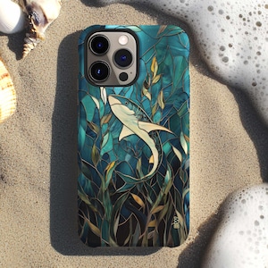 Coastal shark stained glass aesthetic phone case for iPhone 16 15 14 13 12 11 Pro Max X XR XS 8, Samsung S20 S21 S22 S23 S24, Google Pixel