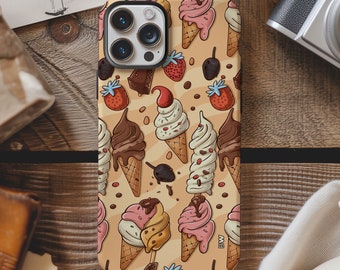 Ice cream and strawberry pattern aesthetic phone case for iPhone 8 X XR XS 11 12 13 14 15 Pro Max, Samsung Galaxy S24 S23 S22, Google Pixel