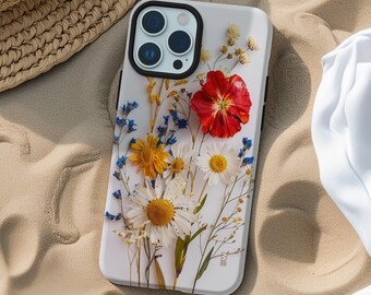 Summer botanical pressed flower print phone case for iPhone 15 14 13 12 11 Pro Max X XR XS 8, Samsung S20 S21 S22 S23 S24, Google Pixel