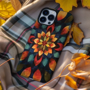 Radiant autumn leaves geometric quilt print phone case for iPhone 8 X XR XS 11 12 13 14 15 Pro Max, Samsung Galaxy S24 S23 S22, Google Pixel
