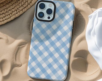 Powder blue gingham phone case preppy plaid cover for iPhone 16 15 14 13 12 11 Pro Max X XR XS 8 Samsung S25 S24 S23 S22 S21 Google Pixel