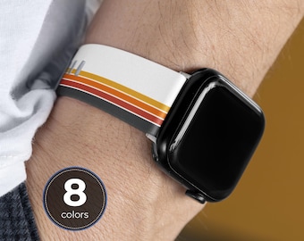 Vintage 70s vertical retro stripes Apple Watch band Series 3 4 5 6 7 8 9 10 11 SE 38mm 40mm 41mm 42mm 44mm 45mm vegan faux leather strap