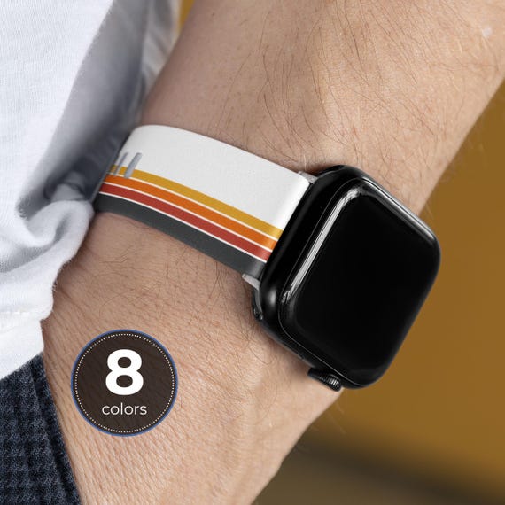Vintage 70s vertical retro stripes Apple Watch band Series 3 4 5 6 7 8 9 10 11 SE 38mm 40mm 41mm 42mm 44mm 45mm vegan faux leather strap