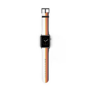 A white and orange striped watch band with a black watch face and a black watch strap.