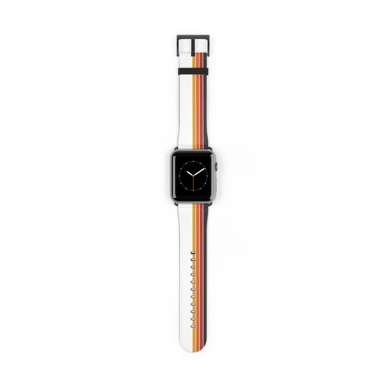 A white and orange striped watch band with a black watch face and a black watch strap.