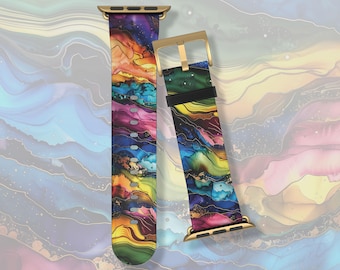 Gold veined rainbow marble ink swirl Apple Watch band Series 3 4 5 6 7 8 9 10 11 SE 38mm 40mm 41mm 42mm 44mm 45mm vegan faux leather strap