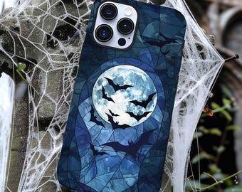 Bats and full moon stained glass Halloween phone case for iPhone 16 15 14 13 12 11 Pro Max X XR XS 8 Galaxy S25 S24 S23 S22 S21 Google Pixel
