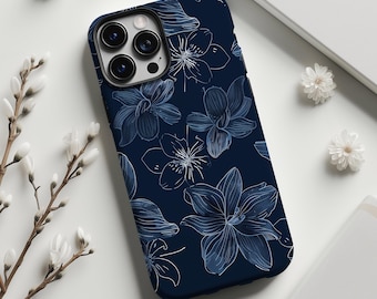 Navy blue floral aesthetic phone case cover for iPhone 17 16 15 14 13 12 11 Pro Max X XR XS Samsung S26 S25 S24 S23 S22 Google Pixel