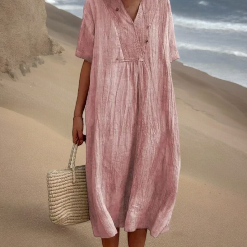 Robe en lin élégante à col en V pour l'été, mode tendance pour femme, manches courtes, coupe ample décontractée, look chic et confortable, vêtements en coton et lin. Pink