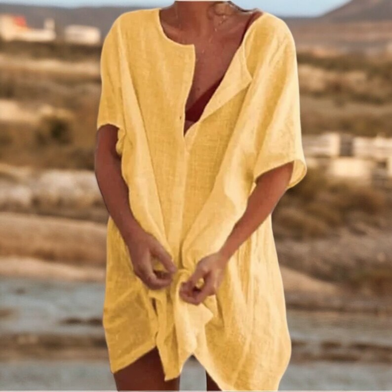 Beach Women's Swimsuit Cover-Up Swimwear Tunic Dress, Your Casual Mini Beachwear Essential for Effortless Summer Style Yellow