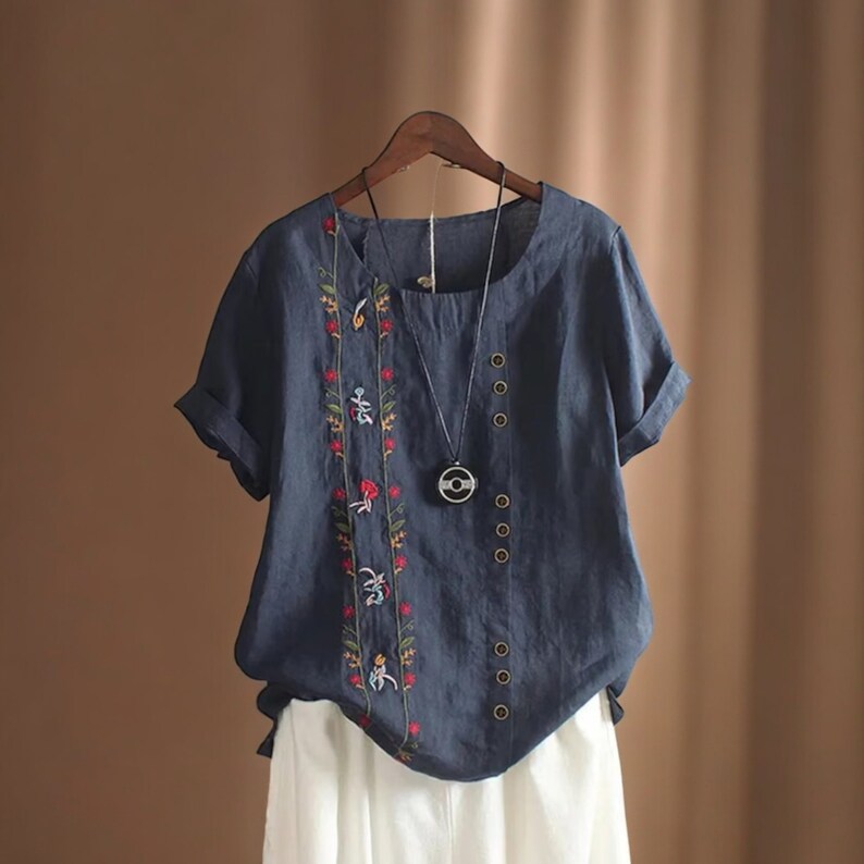 Cotton Linen Embroidery Women's Shirts Elegant Vintage Floral Short Sleeve, Beach Casual Workwear Tops Blouses, Summer New, 5XL Dark Blue