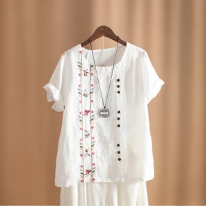 Cotton Linen Embroidery Women's Shirts Elegant Vintage Floral Short Sleeve, Beach Casual Workwear Tops Blouses, Summer New, 5XL White