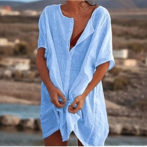 Beach Women's Swimsuit Cover-Up Swimwear Tunic Dress, Your Casual Mini Beachwear Essential for Effortless Summer Style Blue