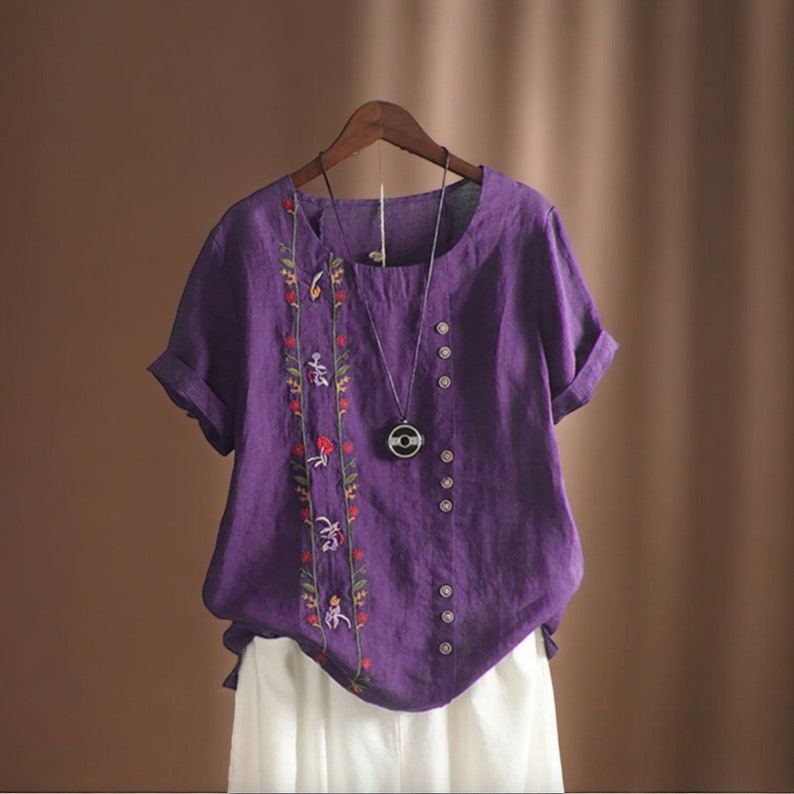 Cotton Linen Embroidery Women's Shirts Elegant Vintage Floral Short Sleeve, Beach Casual Workwear Tops Blouses, Summer New, 5XL Purple