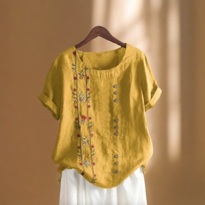 Chemises femme en coton et lin avec broderies Élégantes manches courtes florales vintage, hauts de plage vêtements de travail décontractés, chemisiers, été neuf, 5XL Yellow