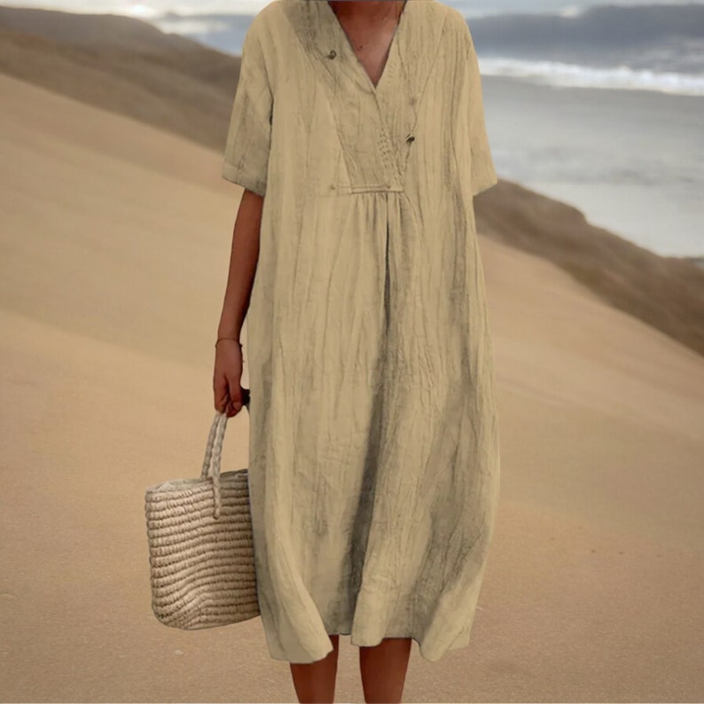 Stylish V-neck Linen Dress for Summer, Women's Trendy Fashion, Short Sleeve, Casual Loose Fit, Comfortable Chic Look, Cotton Linen Apparel. Khaki