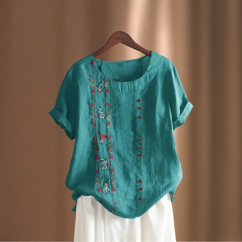 Cotton Linen Embroidery Women's Shirts Elegant Vintage Floral Short Sleeve, Beach Casual Workwear Tops Blouses, Summer New, 5XL Blue