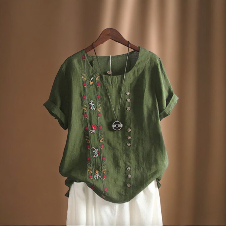 Cotton Linen Embroidery Women's Shirts Elegant Vintage Floral Short Sleeve, Beach Casual Workwear Tops Blouses, Summer New, 5XL Army Green