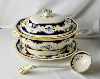 Antique Porcelain Soup Tureen Lidded with Underplate and Ladle