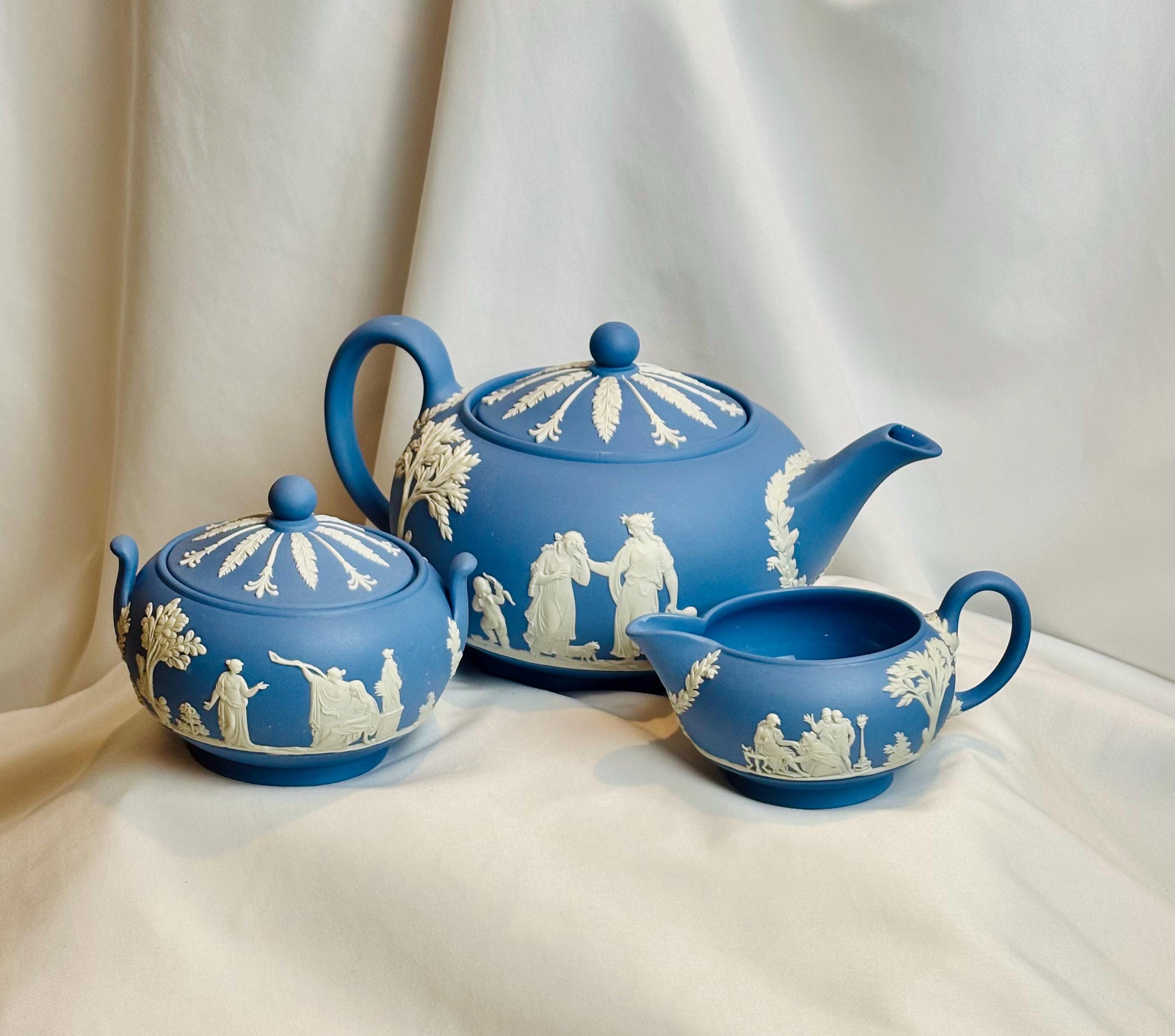 Vintage Wedgwood Blue Jasperware Tea Set Teapot Sugar Bowl Creamer