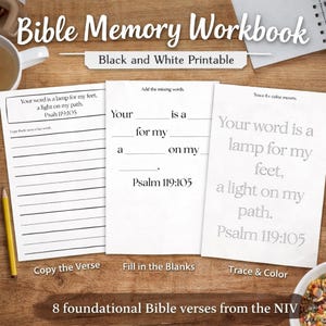 Könnte beinhalten: Ein Bibel-Memory-Workbook mit schwarz-weiß bedruckten Seiten. Die Seiten enthalten die Aktivitäten "Kopiere den Vers", "Fülle die Lücken" und "Nachzeichnen & Ausmalen". Das Workbook enthält 8 grundlegende Bibelverse aus der NIV.
