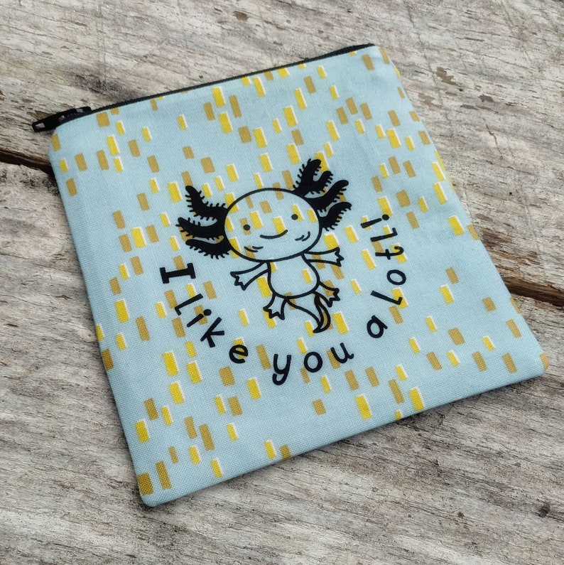 Cute axolotl zipper pouch. I like you a lotl. Little mint change purse. Salamander lovers gift idea. Fabric bag. image 1