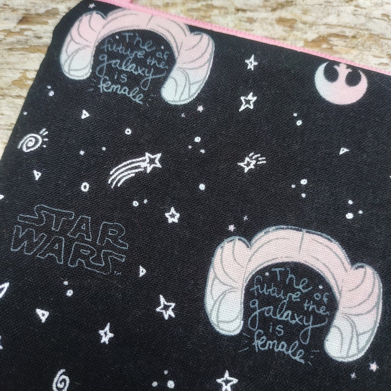 Star Wars pouch. The future of the Galaxy is female. Fully lined fabric zipper bag. Princess Leia buns. Pink and black image 3