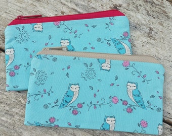 Handmade Owl and Rose Fabric Pencil Zipper Pouches with Polka Dot Lining