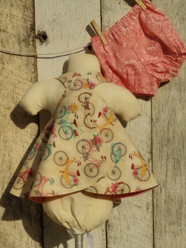 Reversible dress and bloomers set. Flower delivery bicycles reverses to pick and cream floral. image 4