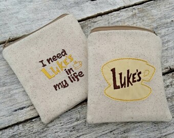 Gilmore girls pouches. Luke's coffee shop logo. I need Luke's in my life! Gilmore girls zipper purse. Gift set.