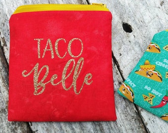 Taco Belle bag set. Spicy taco Tuesday mini coin purse. Zipper pouch. Girlfriend gift. Mexican food.