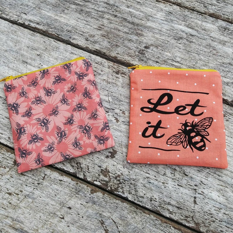 Let it bee zipper pouch. Gardener gift. Apiarist. Coral small purse. Polka dots and bumble bees. Gardening pouch set. image 2