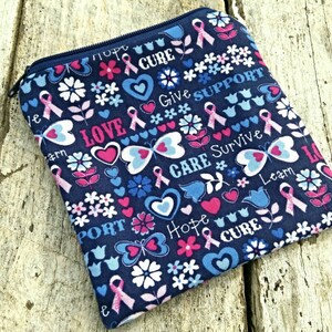 Pink Ribbon navy blue butterfly square zipper pouch bag, care, hope, support, love