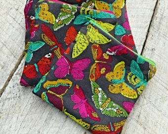 Butterflies or Moths Charcoal Gray Zipper Pouches Makeup Bag, Rectangle and Square. Jewel tones.