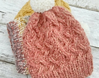Bulky wool knit hat. Laurel beanie. Tangerine thick yarn. Finished product. Women's/tweens winter hat. Pompom toque.  Orange winter hat.