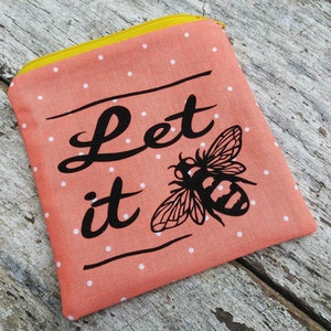 Let it bee zipper pouch. Gardener gift. Apiarist. Coral small purse. Polka dots and bumble bees. Gardening pouch set. image 3