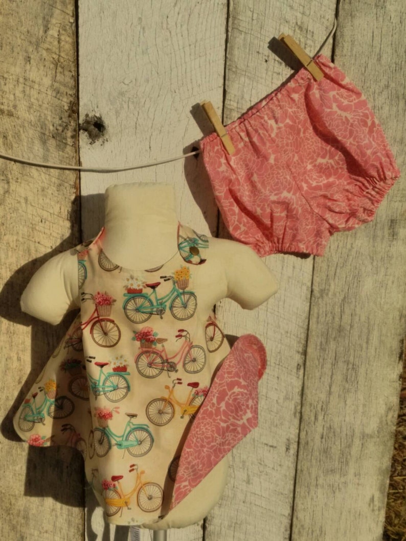 Reversible dress and bloomers set. Flower delivery bicycles reverses to pick and cream floral. image 3
