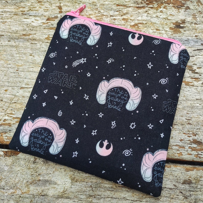 Star Wars pouch. The future of the Galaxy is female. Fully lined fabric zipper bag. Princess Leia buns. Pink and black image 4