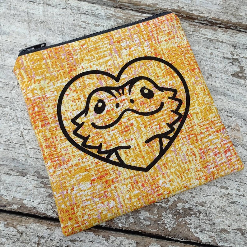 Bearded dragon zipper pouch. Great gift for beardie parents. I heart lizards and reptiles. Change purse. Orange lizard lover bag image 1