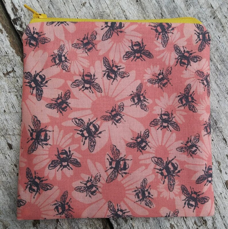 Let it bee zipper pouch. Gardener gift. Apiarist. Coral small purse. Polka dots and bumble bees. Gardening pouch set. image 5